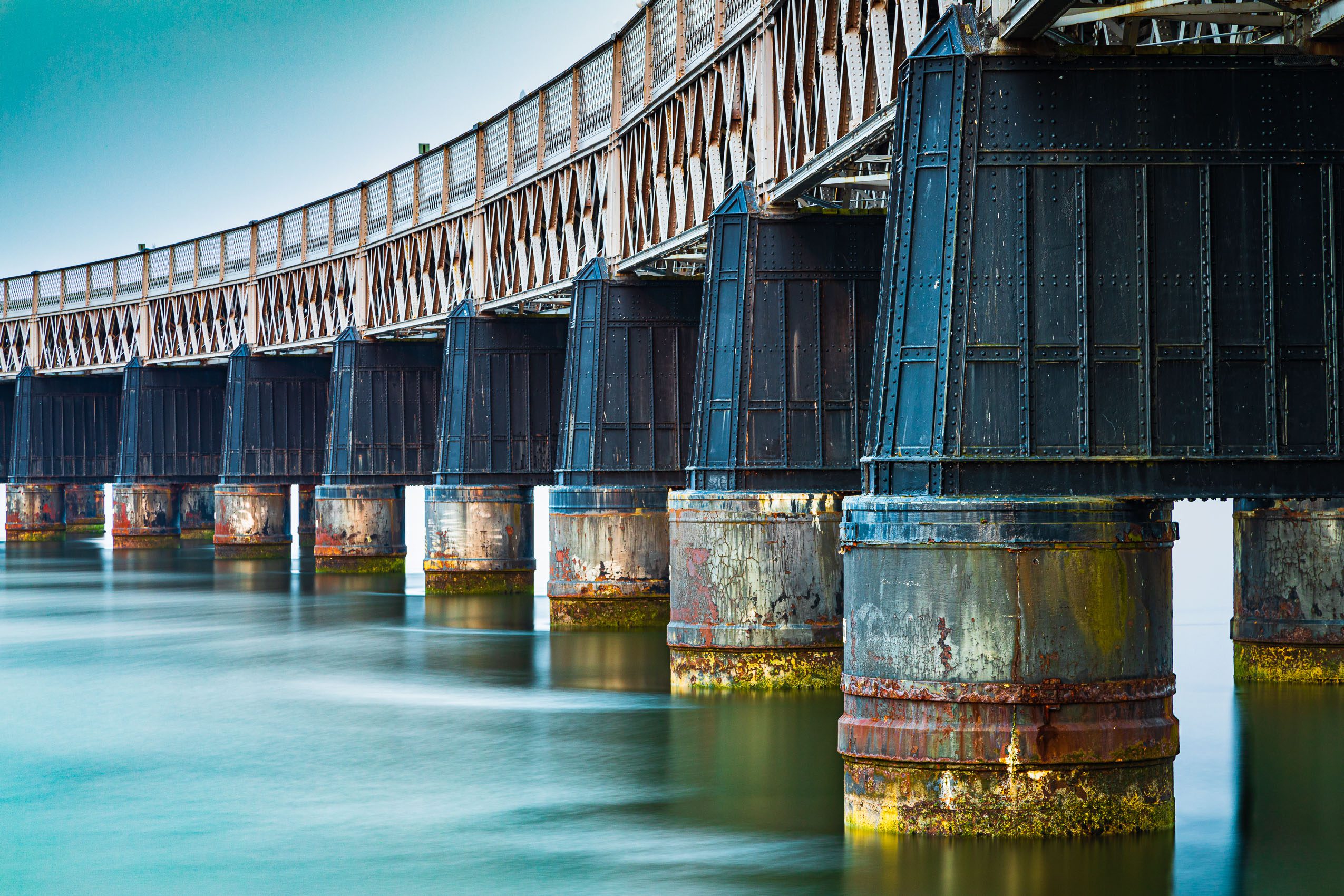 Long exposure image of the piers of the Tay Rail Bridge at the Dundee end, Scotland. DD092