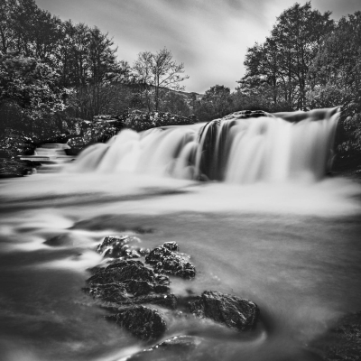Monochrome image of the Falls of Kenknock, Glen Lochay, Perthshire, Scotland