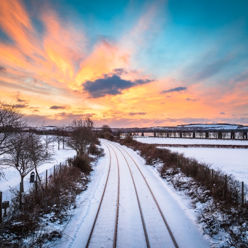 Winter sunrise over the Dundee to Perth railway line, Dundee, Scotland. DD134