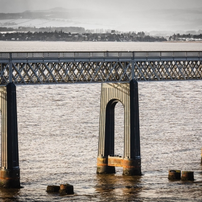 The Tay Rail Bridge and background snowstorm from Wormit, Fife, Scotland.