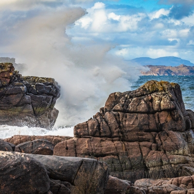 Breaking waves against the rocky shore at Lonbain, Applecross, Scotland. AP030 Breaking waves against the rocky shore at Lonbain, Applecross, Scotland. AP030