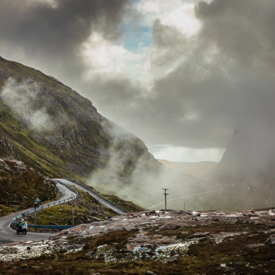 Motorcyclists ascending the Bealach na Ba (Pass of the Cattle) into Applecross, Scotland. AP015 Motorcyclists ascending the Bealach na Ba (Pass of the Cattle) into Applecross, Scotland. AP015