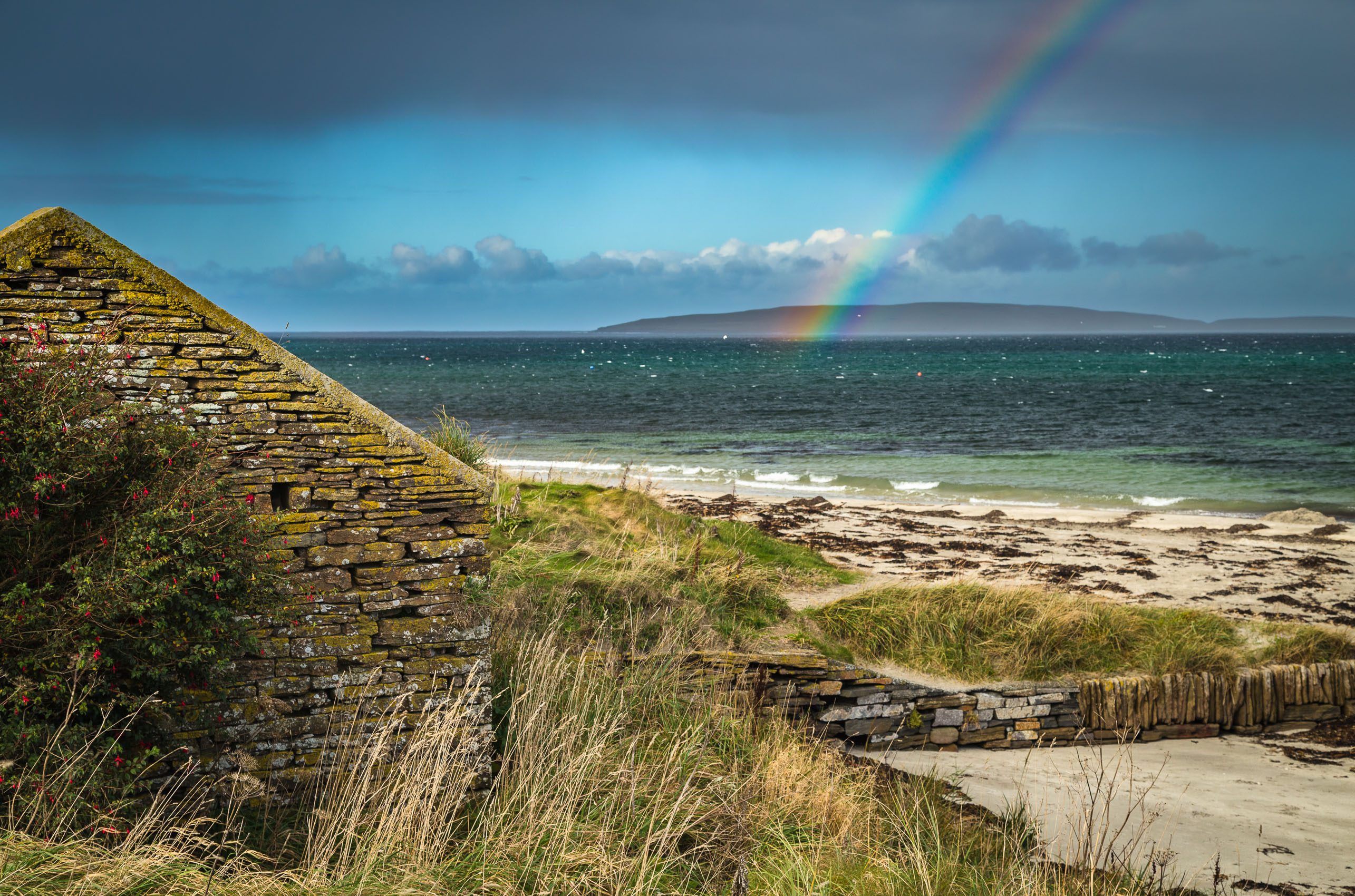 Rainbow over Eynhallow Sound from Evie, Mainland, Orkney Islands. OR022