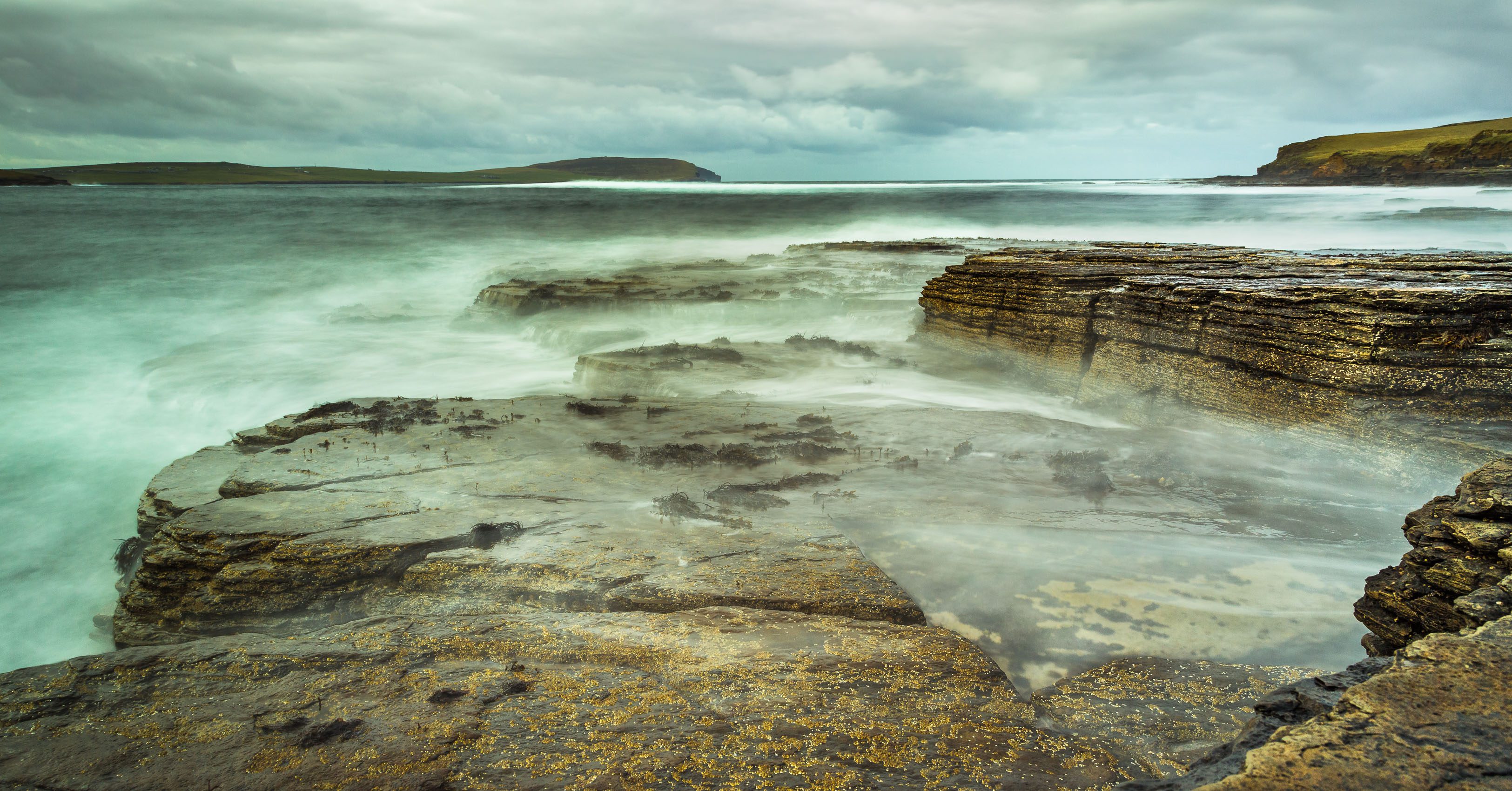 The sea breaking on rocks at Mid Howe, Rousay, Orkney Islands OR028