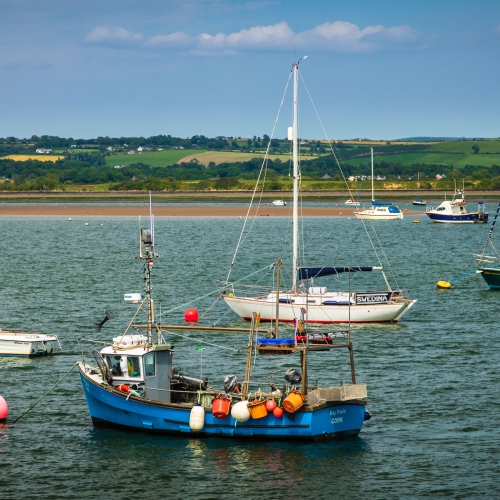 Boats moored in the Blackwater River Estuary at Youghal, County Cork, Ireland. BW005