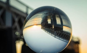 Tay Railway Bridge reflected in glass sphere, Dundee, Scotland. DD153