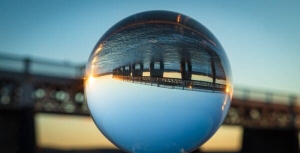 Tay Railway Bridge reflected in glass sphere, Dundee, Scotland. DD154
