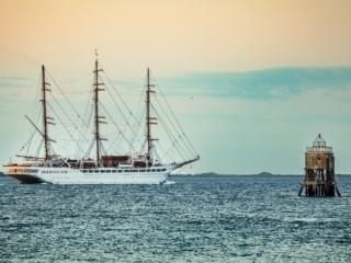 Sea Cloud Spirit sailing ship departing port from Dundee, Scotland