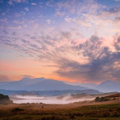 Ben Cruachan and Loch Tromlee in a misty dawn, Argyll, Scotland.