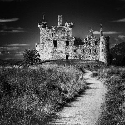 Monochrome Image of Kilchurn Castle, on Loch Awe, Argyll, Scotland.