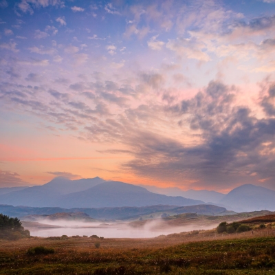 Ben Cruachan and Loch Tromlee in a misty dawn, Argyll, Scotland.