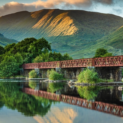 Railway Bridge over the River Orchy as it enters Loch Awe, Argyll, Scotland