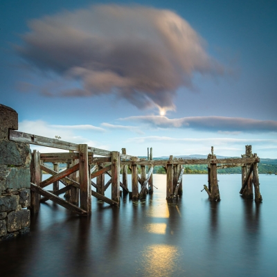 Ruined pier at Ardanaiseig in moonlight, on Loch Awe, Argyll