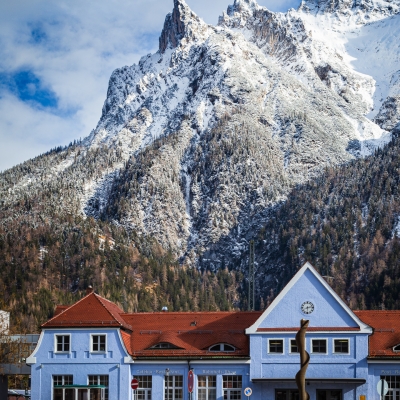 Mittenwald Bahnhof and the Karwendelkopfe Bavaria Germany