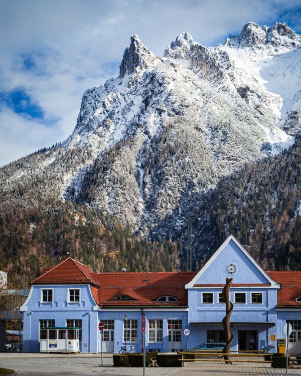 Mittenwald Bahnhof and the Karwendelkopfe Bavaria Germany